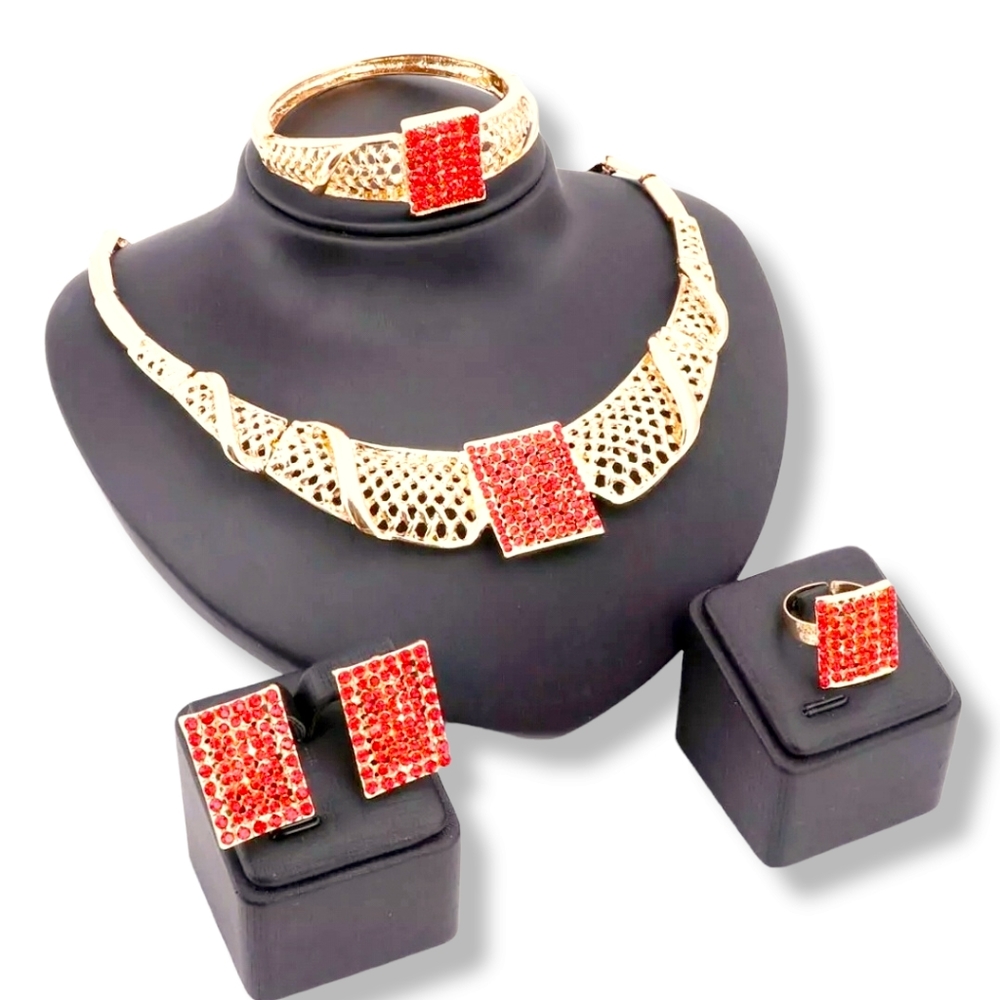 18k gold plated red crystal Necklace earrings bracelet ring set